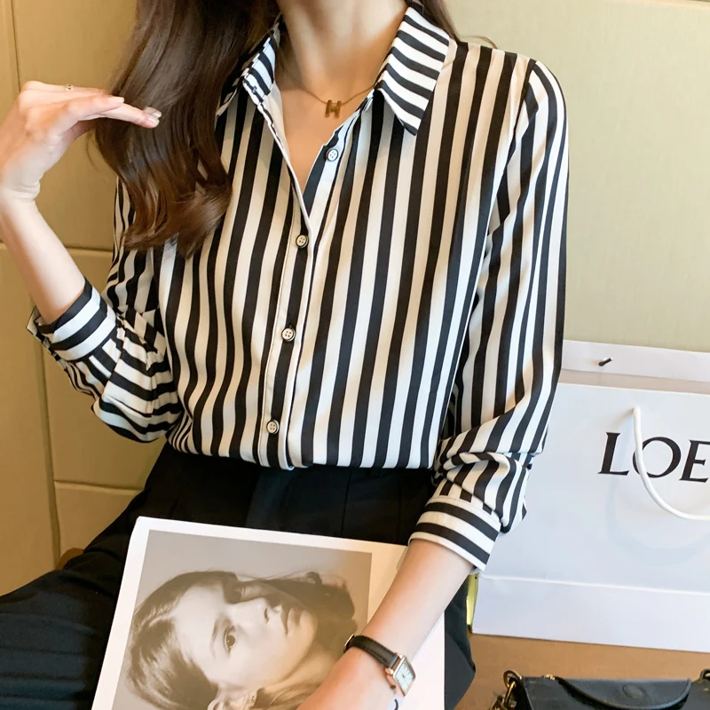 

Chikichi 2021 Spring and Autumn New Women's Casual Lapel Stripe Contrast Design Chiffon Long-sleeved Button Shirt
