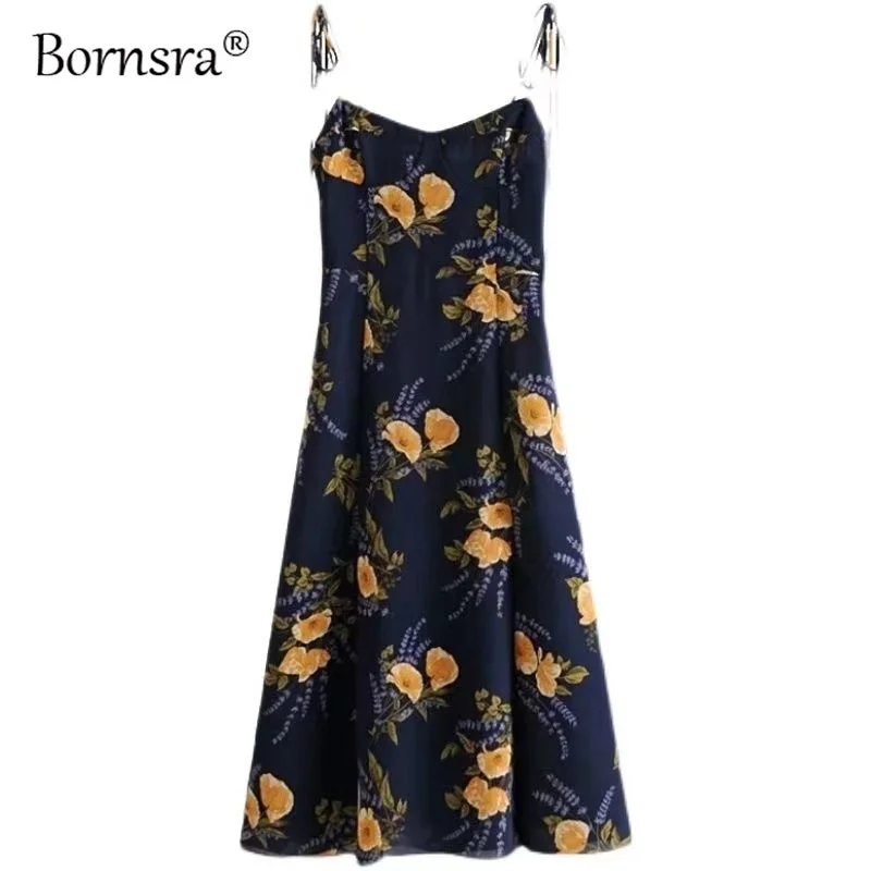 

Bornsra 2021 Orange Floral Sling Dress Sexy Slimming Side Slit Over The Knee Midi Skirt Sexy & Club Dresses for Women Party