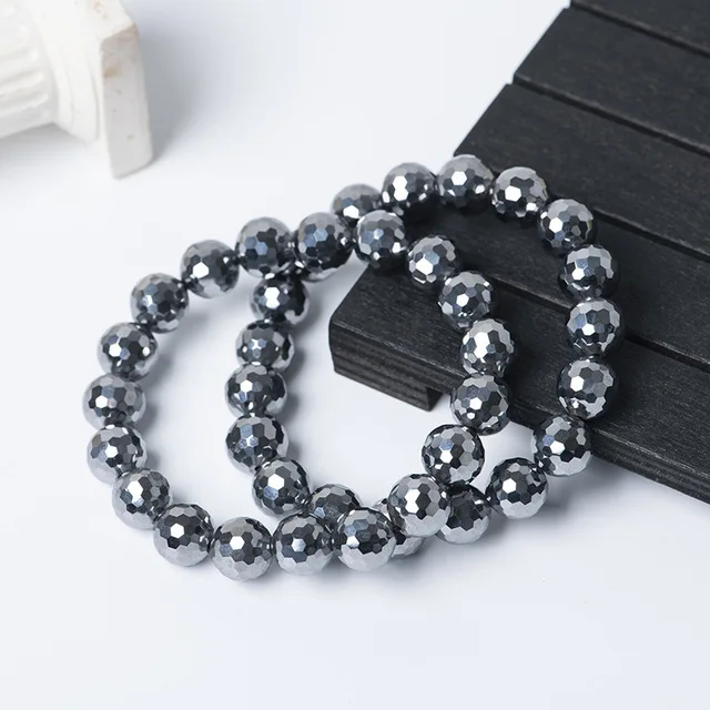 

Natural Terahertz Wave Gemstone Faceted Round Beads Stretch Bracelet Terahertz Wave 8mm 10mm Woman Men Healing Reiki Stone AAAAA
