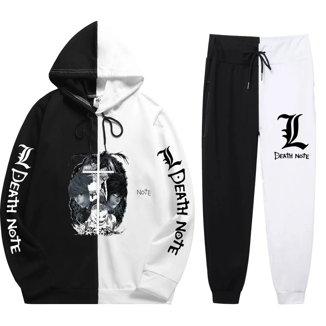 

2021 Japanese animation death note summer new fashion slim cross border men's patchwork printed Hoodie + pants sportswear