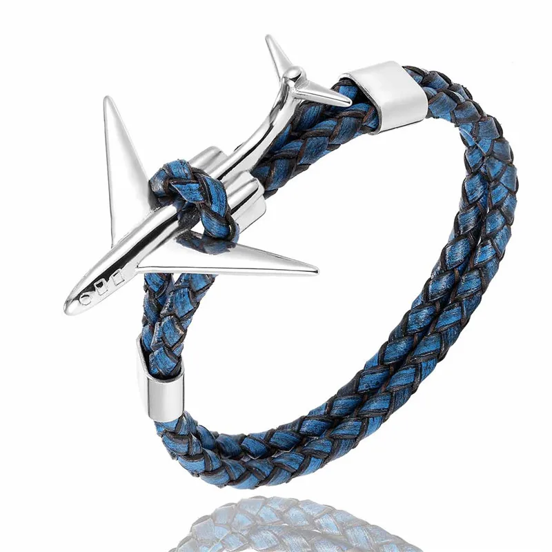 Silver Blue MKENDN, модный ретро кожаный браслет, нержавеющая сталь, самолет, якорь, браслеты для мужчин и женщин, Летний стиль, обёрточная бумага, металлический спортивный крючок - Metal Color: Silver Blue