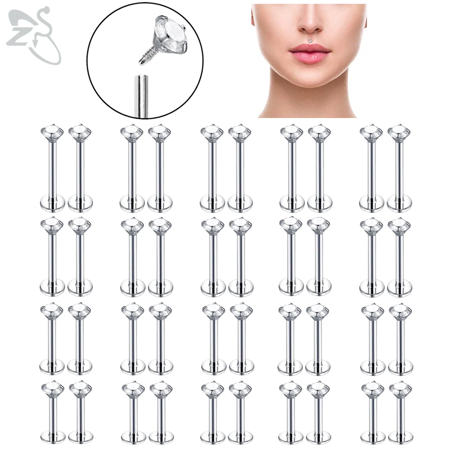 

ZS 10 Pcs/Lot 16G Stainless Steel Labret Lip Piercing Set CZ Crystal Cartilage Tragus Helix Conch Piercings Jewelry 6/8/10/12MM