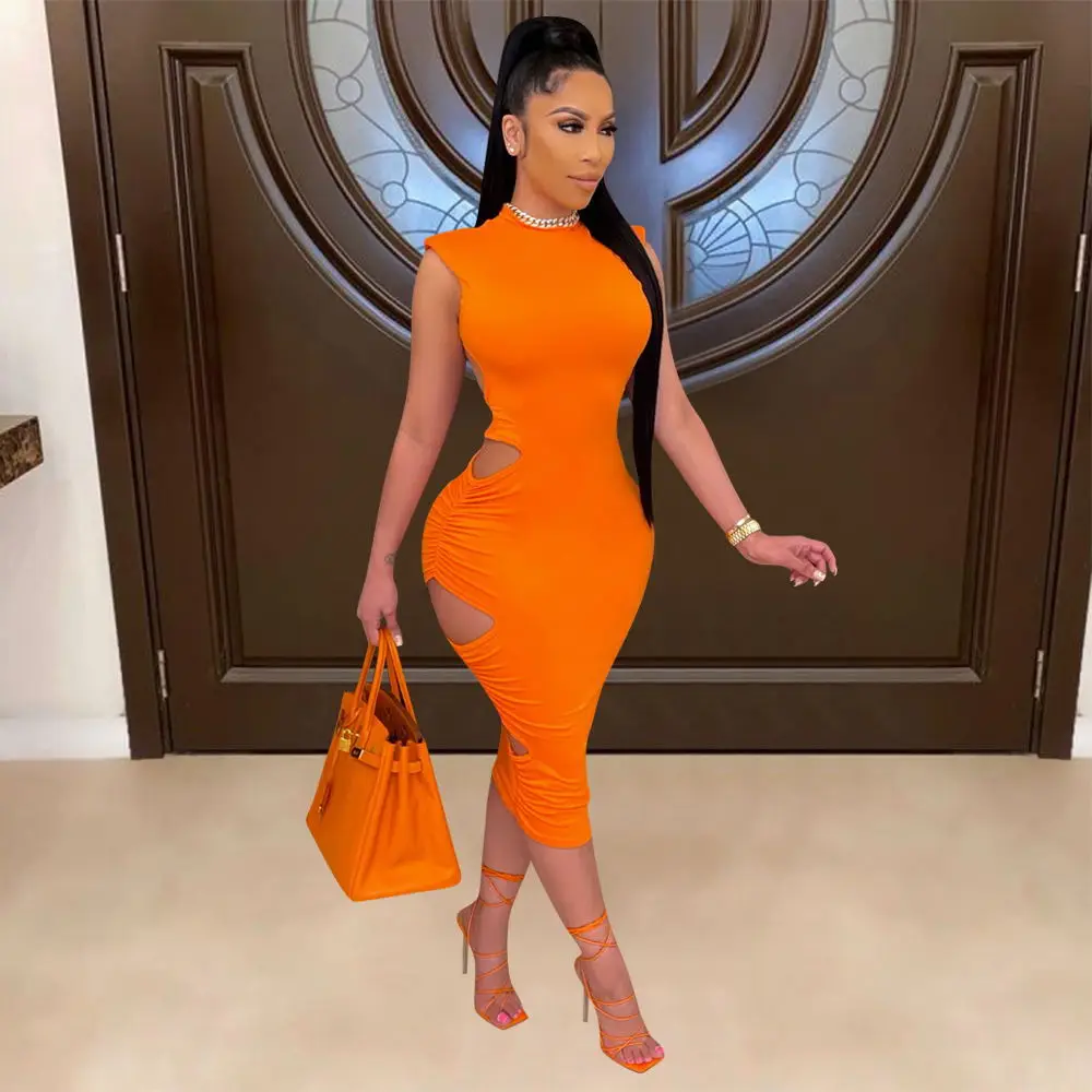 

Women Plus Size Sexy & Club O-neck Sleeveless Hollow Out Bodycon Midi Dress