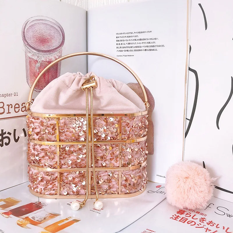

Amzbeans Minority Glitter Handbag Sweet Fair Maiden Slant Bucket Bag Metallic Appliques Women Evening Clutch Bags