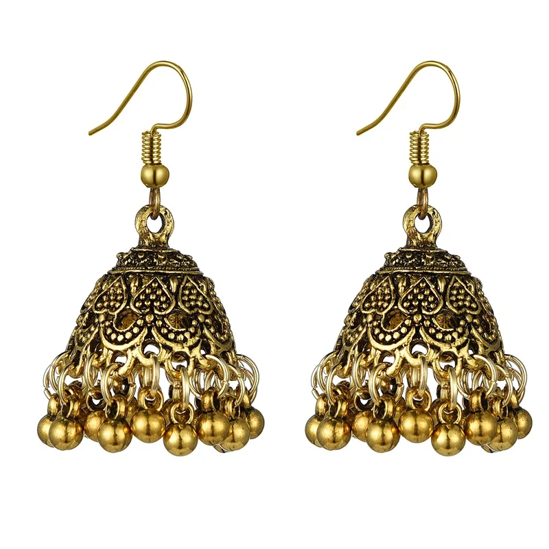 

2020 Womens Indian Jhumka Jewelry Ethnic Retro Bollywood Oxidized Small Bell Tassel Silver Color Carved Jhumki Dangle Earrings