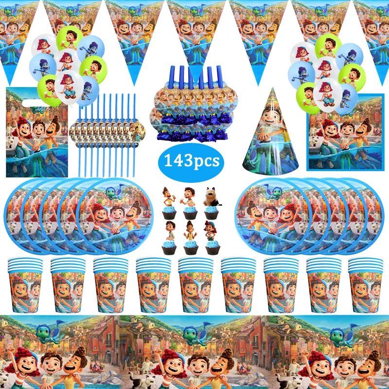 143 stücke Disney Film Luca Kinder Geburtstag Party Dekorationen Blau Thema Einweg Geschirr Set Papier Platte Baby Dusche Liefert