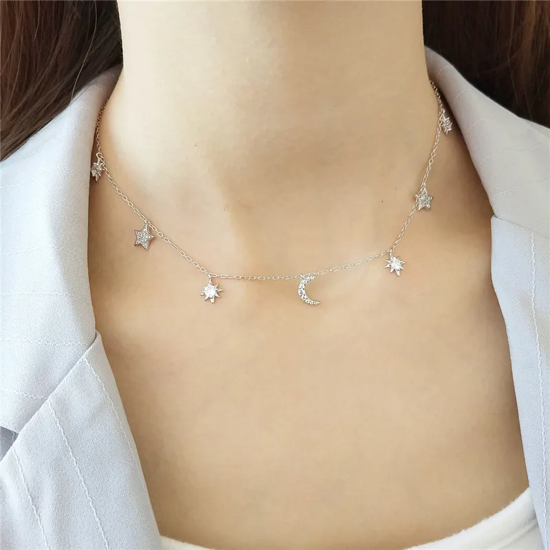 

RUIYI Korean Real 925 Sterling Silver Girls Student Jewelry Moon Star Chic Necklace Women Exquisite Gift Short Necklace Chokers