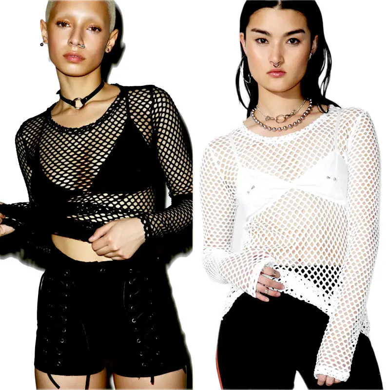 

Sexy Mesh T-shirt Cover Women Fishnet Exposed Fishnet T-Shirt Hipsters Gothic Long Sleeve Casual Tee Tops Loose Summer T Shirt