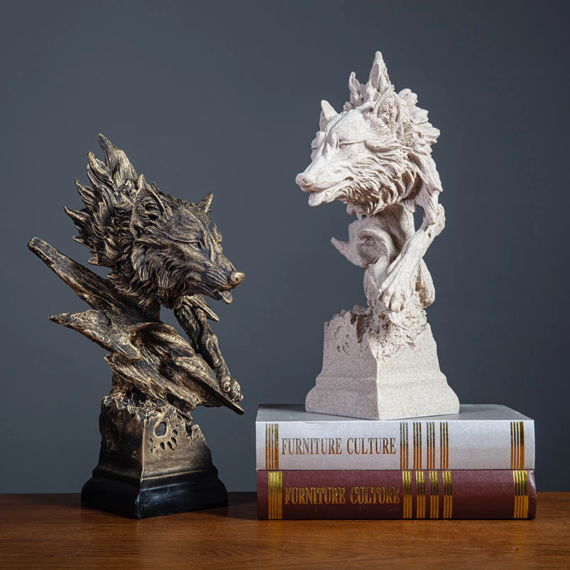 

Abstract Wolf Sculpture Resin Home Decoration Imitation Wood Roots Animal Statue Nordic Living Room Interior Crafts Office Decor