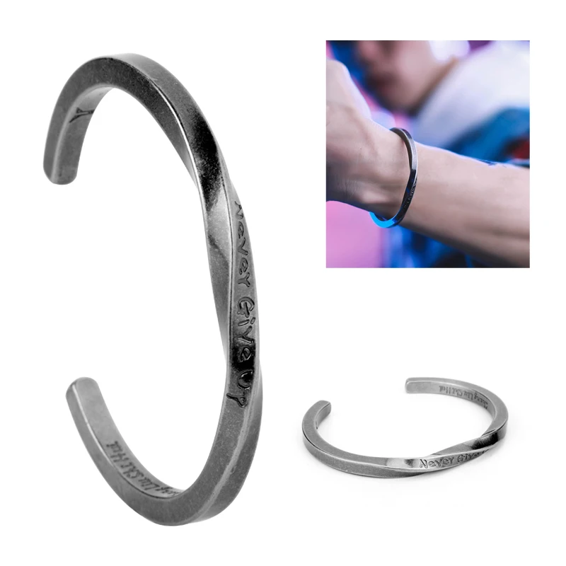 

NEVER GIVE UP Inspired Letters Bangle Man Women Hip Hop Cuff Bangles Bracelet Titanium Steel Bangle Fashion Jewelry Family Gift