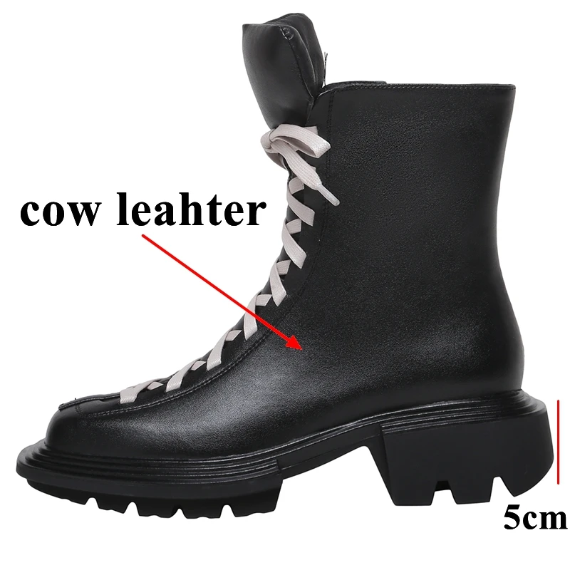 

Autuspin Women Square Toe Ankle Boots 2020 Winter Cow Leather Side Zipper Motorcycle Botas Fashion Outdoor Warm Shoes Female