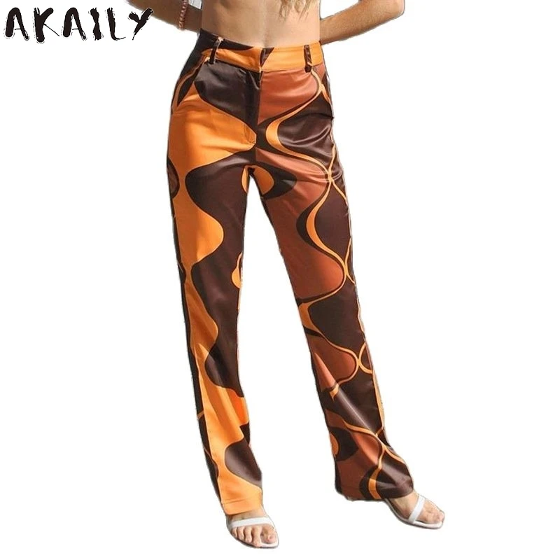 

Akaily Streetwear Striped Print Loose Pants Women Summer High Waist Zipper Female Long Trousers Fashion Vintage Wide Leg Pants