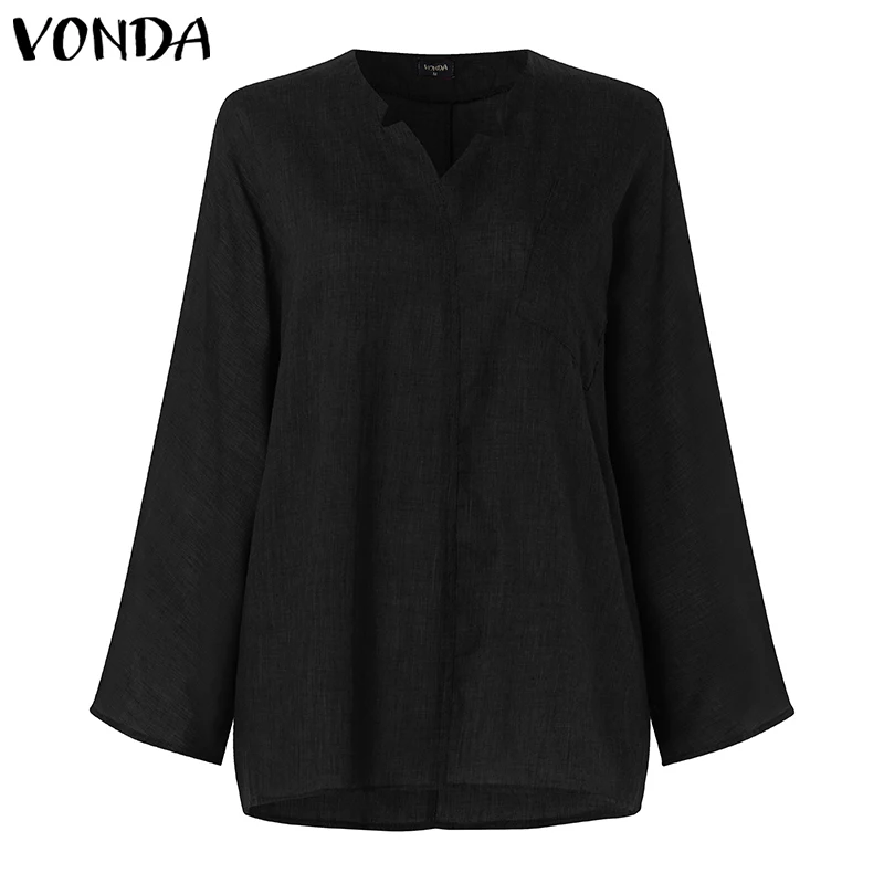 Черный VONDA, 6 цветов, Женская винтажная блуза, Повседневная рубашка,, осень, длинный рукав, v-образный вырез, топы, OL Blusas, Пляжная Женская Туника размера плюс - Цвет: Черный