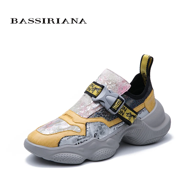 BASSIRIANA2019 новые женские туфли кожаные цвета, соответствующие тренду на толстой подошве удобные модные спортивные туфли