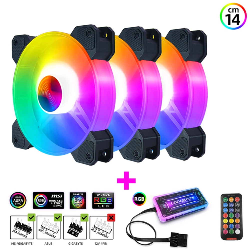 14 см Coolmoon RGB вентилятор 140 мм 5V Доступны все цвета радуги шасси 39.5CFM небольшой 6PIN