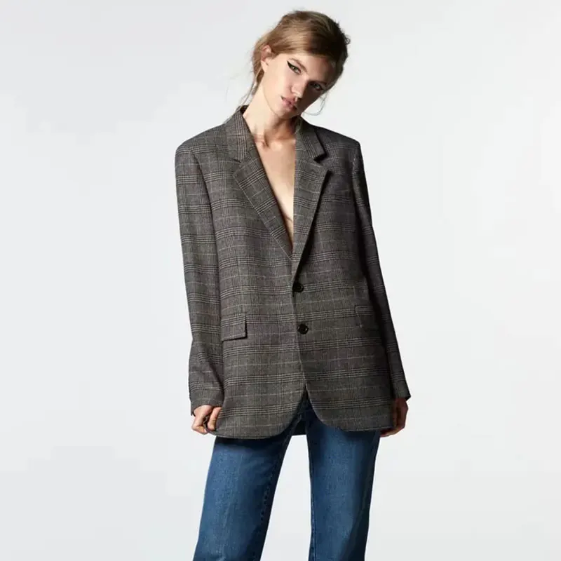 

Женский винтажный клетчатый Блейзер Nlzgmsj Za 2021, офисный женский костюм, куртка, Женское пальто, двубортное пальто с английским воротником 202110