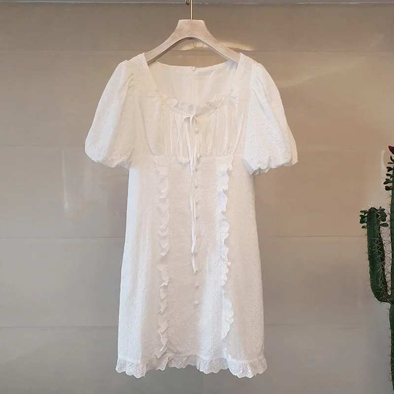 

New Arrival Summer High Quality Fashion Hollow Out Floral Ruffle Women's Puff Sleeve Sweet Dress Female Vestido