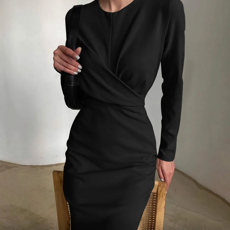 

Women Vintage Front Cross Sheath Party Dress Long Sleeve O neck Solid High Street Elegant Casual Dress 2021 Winter Fashion Dress