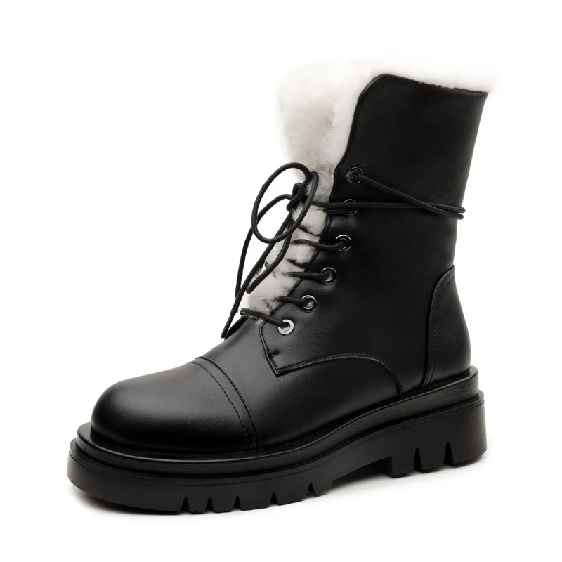 spesifikasi Sepatu Bot Salju Wanita Bulu Alami Sepatu Platform Wanita Mode Tali Silang Sepatu Bot Pergelangan Kaki Musim Dingin Berenda Ujung Bulat Putih Coklat Hitam Wanita