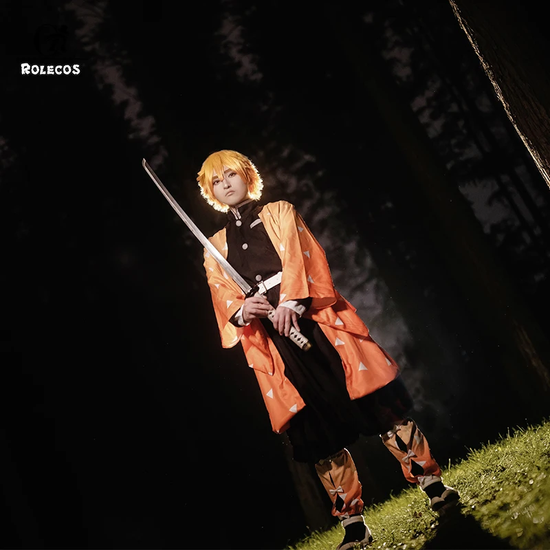 ROLECOS аниме Kimetsu no Yaiba Косплей Костюм зенитсу агатсума костюм демона истребителя кимоно полный Наборы для мужчин Косплей Костюм