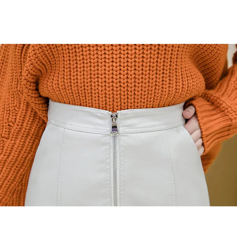 

New 2020 Autumn Winter High Waist Zipper Up Leather Skirt For Women Korean Fashion A Line Mini Skirts Womens Black Blue White