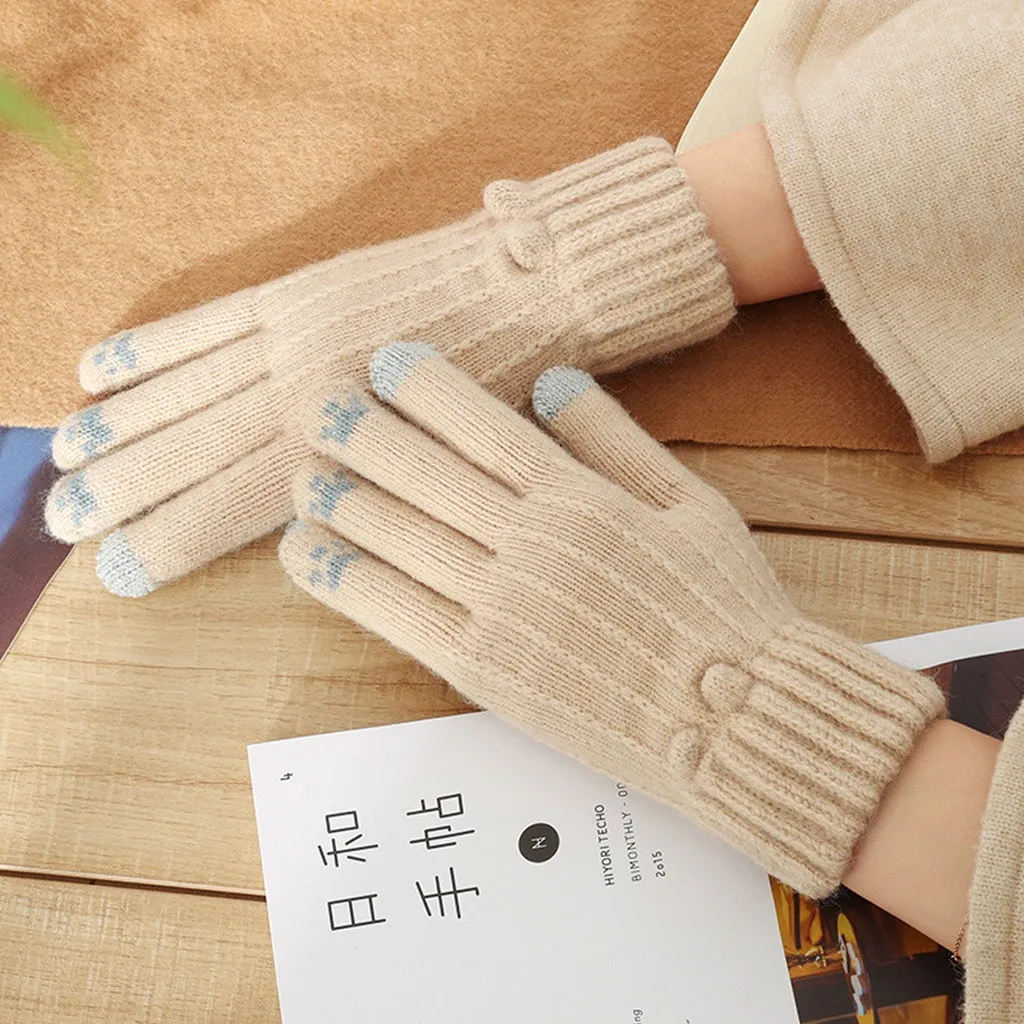 

Female Winter Warm Knitted Full Finger Gloves Kawaii Cat Paw Woolen Touch Screen Mittens Women Thick Warm Cycling Driving Gloves