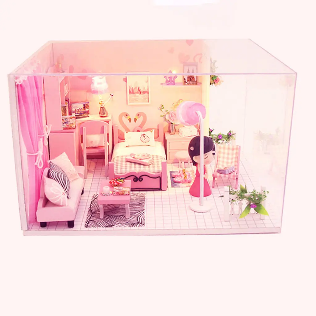 

Dollhouse with LED Light Wooden Cottage Self-assembly Model for Children