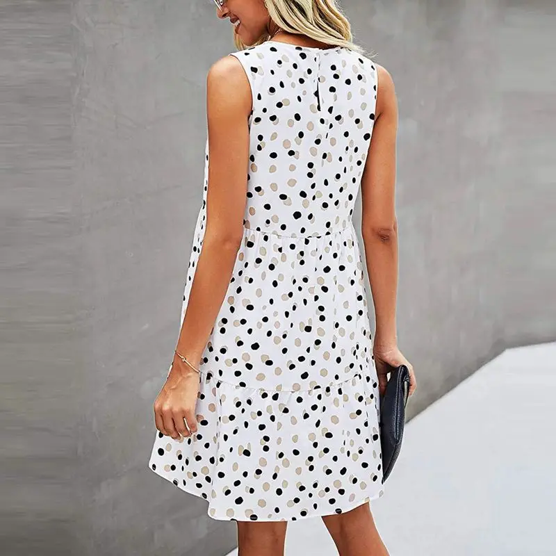 

3Colors Ladies Summer Sexy Sleeveless Dresses New Elegant Patchwork Irregular Drawstring Casual Dot Dress Lady Dinner Party