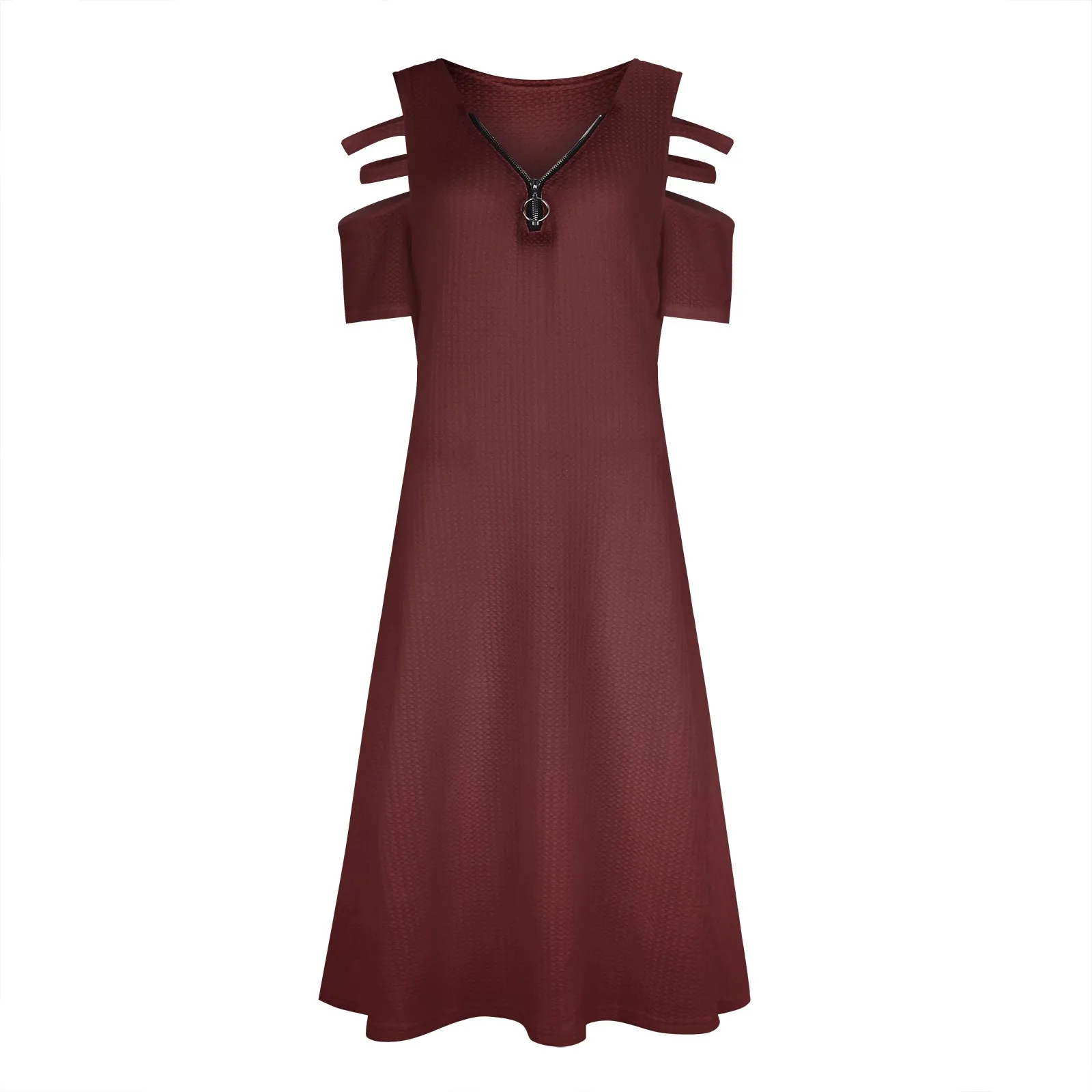 

Solid Dress For Women V-neck Short Sleeve Hollow Out Sexy Zipper 2021 Casual Dresses Summer Vestidos Ladies Robelonguefemme