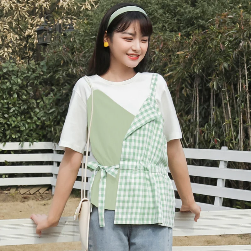 2021 Summer Lovely Plaid Fake Two Piece Women T-shirt Fashion Korean Harajuku Patchwork Loose Round Neck Short Sleeve Tee