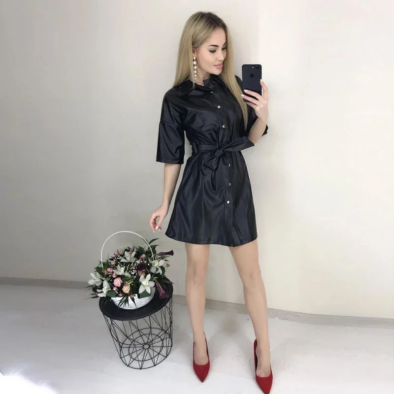 Женские Повседневные Вечерние платья из искусственной кожи с поясом