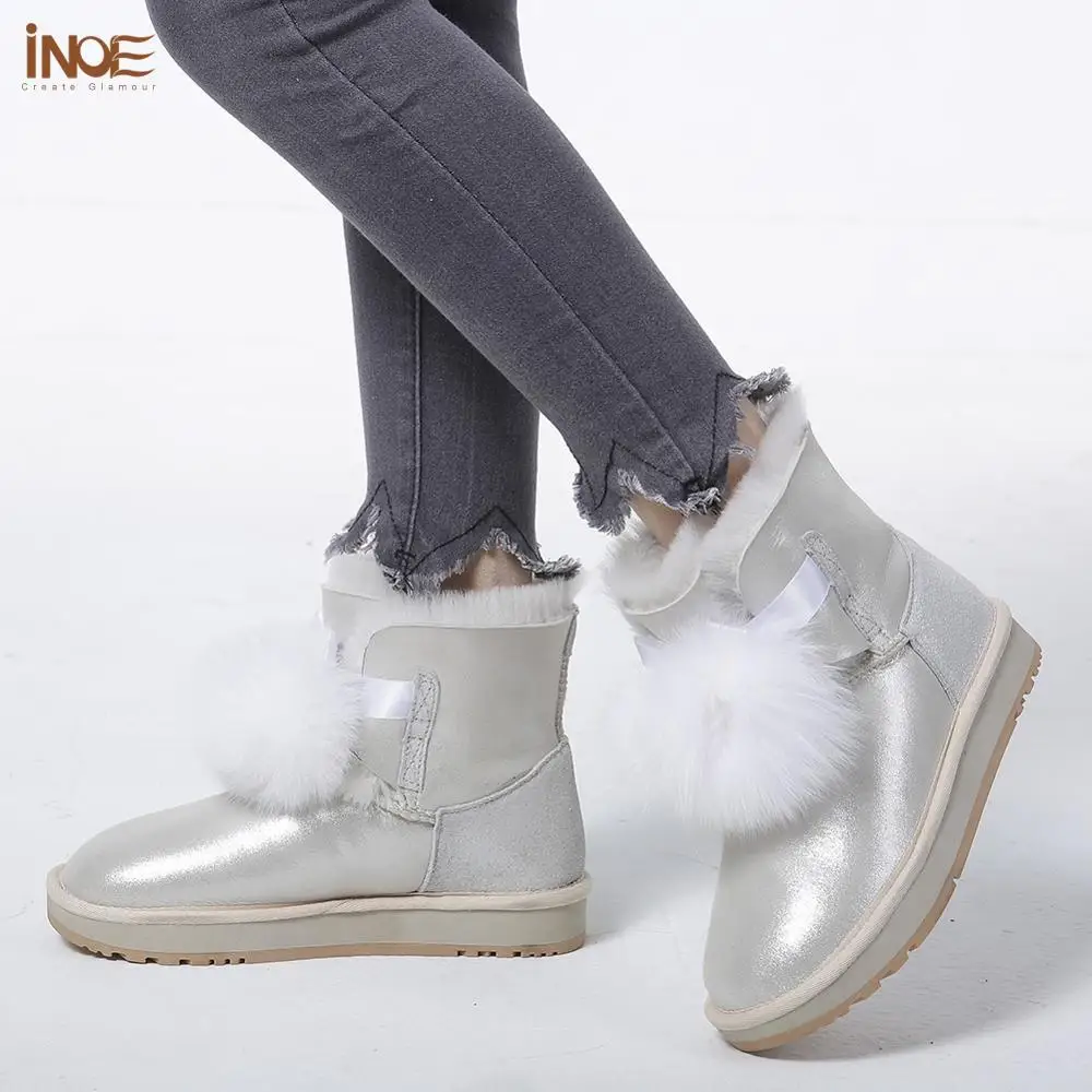 

INOE Real Sheepskin Leather Natural Sheep Fur Lined Women Winter Snow Boots Fox Fur Pom-pom Style Warm Shoes White Waterproof