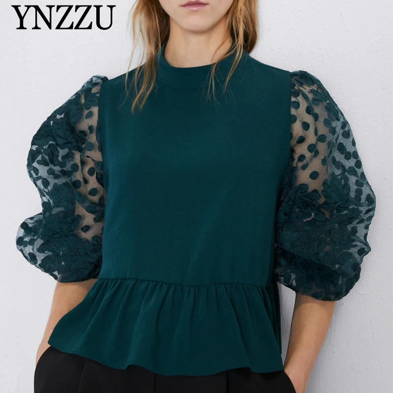 Модные женские топы с рукавами фонариками элегантные Жаккардовые Женские блузки