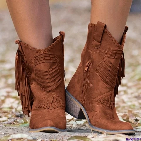 Vogue в богемном стиле женские кожаные ботинки с высоким голенищем бахромой Сапоги