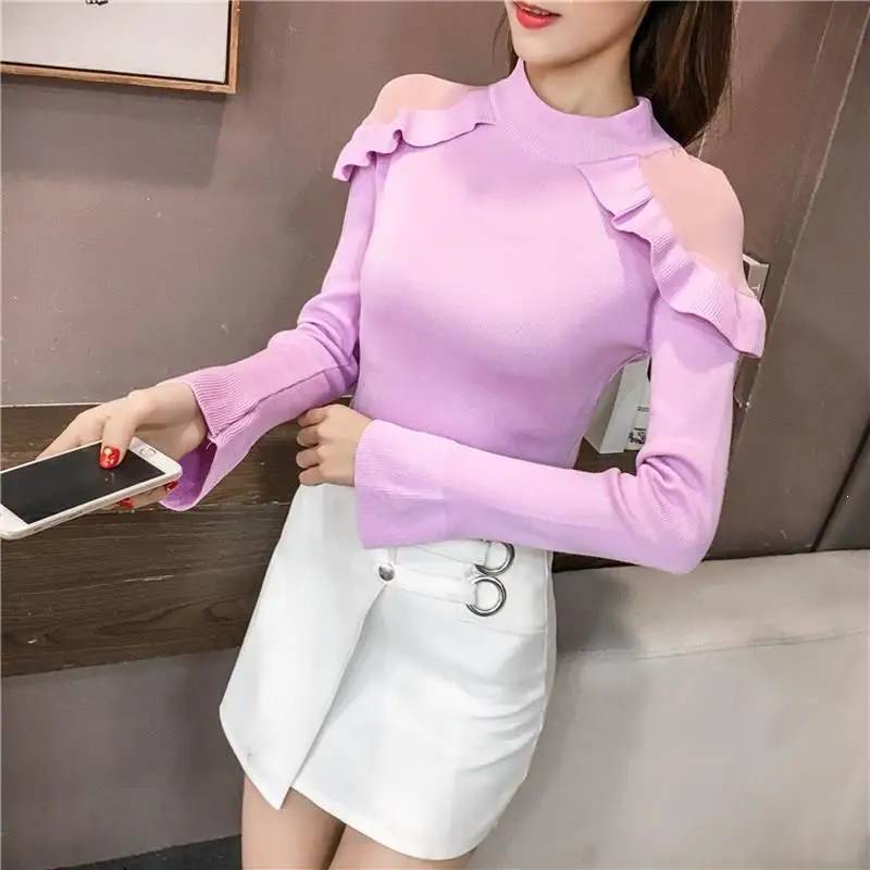 2019 Women Casual Solid Mesh Sweater Elasticity Long Sleeve Ruffles Slim Turtleneck Knitted Pullovers Jumper | Женская одежда