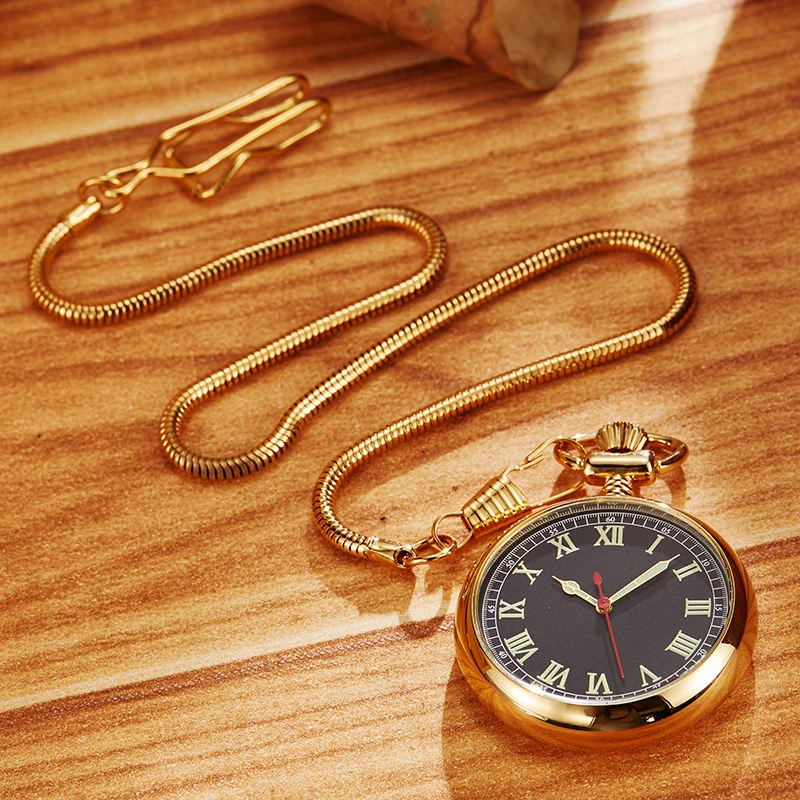 Luxury Golden Mechanical Pocket Watch Roman Numerals Dial High Quality Black Gold Fob Chain Luminous Clock for Men Dropshipping