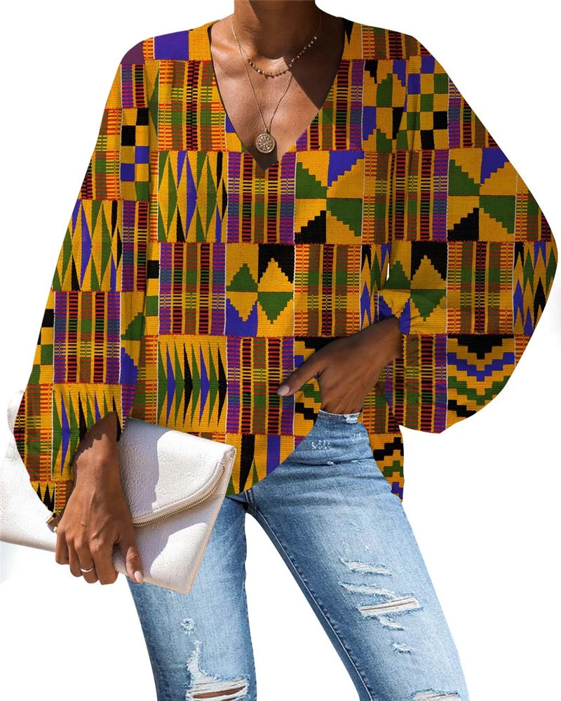 

Традиционная африканская Дашики принт в винтажном стиле; Сезон лето кофта с длинными рукавами для женщин Пляжная одежда с v-образным вырезо...