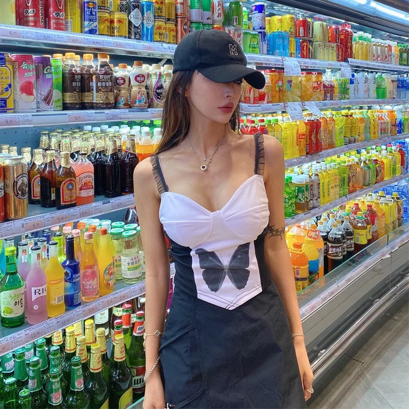 Harajuku с сетчатым ремешком Топ корсет без рукавов Футболка женская Kawaii бабочка