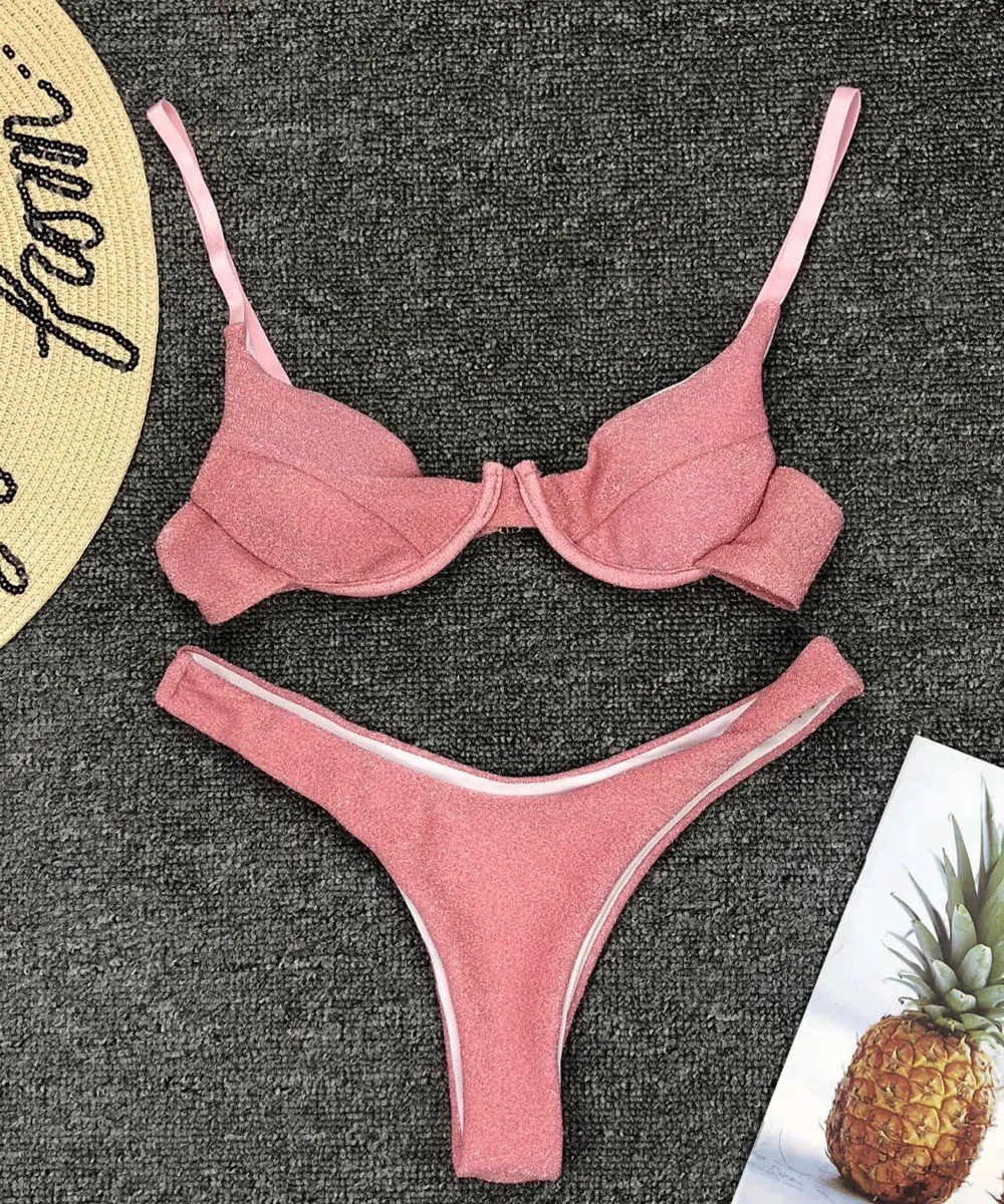 Блестящее бикини из двух частей серебристый летний купальник с бюстгальтером на