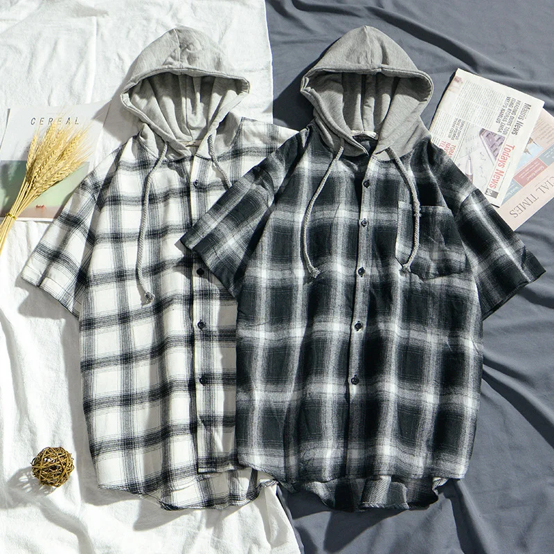 

Spring Summer Short-Sleeved Shirt Men's Hooded Sweatshirts Loose Top Brand Plaid Half Sleeve Shirts for Men Streetwear Hoodies