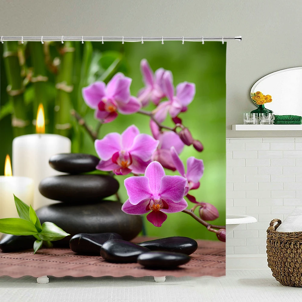 

Waterproof Shower Curtain with Hooks Green Scene Bathroom Curtains Zen Stone Chinese Style Bath Bathing Sheer Home Decorations