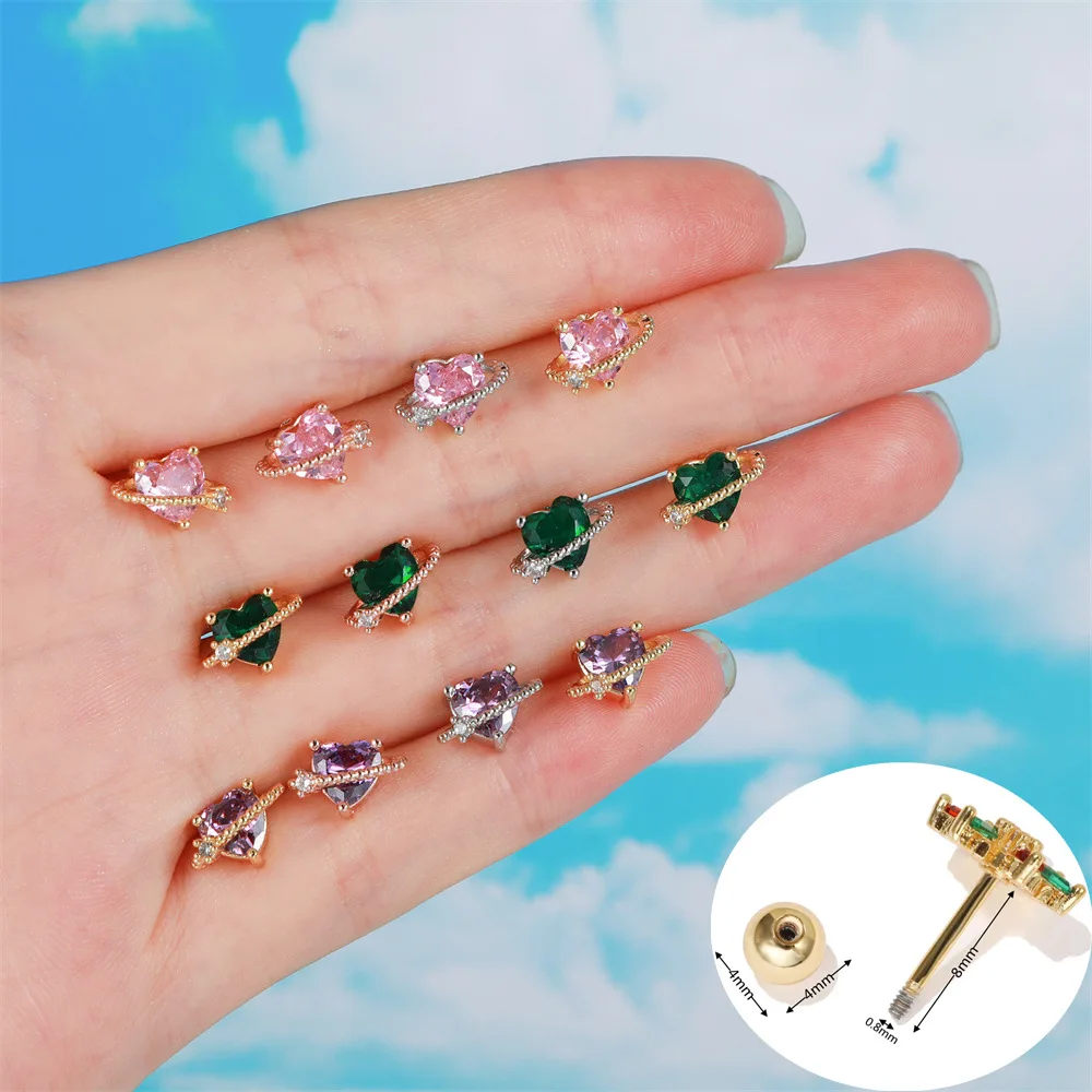 

1 pc Ins Cute Heart Stud Earring Vintage Colorful Zircon Piercing Ear Bone Screw Earrings For Women Girls Fashion Jewelry Gift
