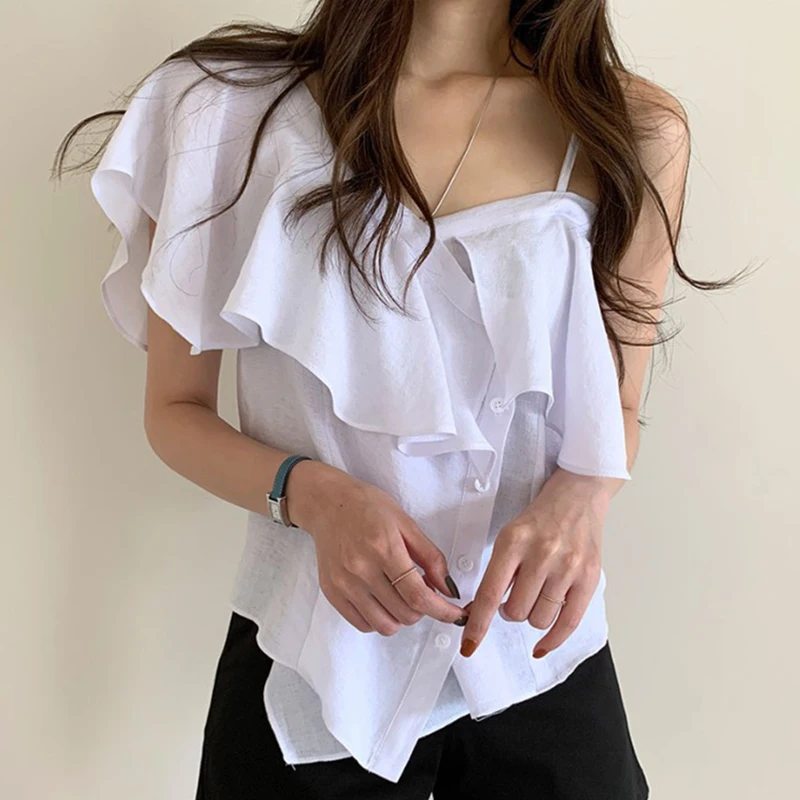 

KUSAHIKI Korean Chic Ruffle Women Shirts Blouses Sleeveless V-neck Single Breasted Tops 2021 New Elegant Blusas Feminimo 6G662