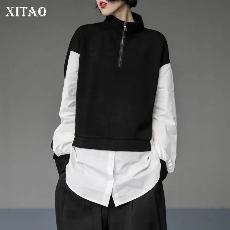 

XITAO Новая Женская толстовка контрастного цвета с фальш-вставкой из двух частей, модная толстовка на молнии со стоячим воротником 2021, уличная...