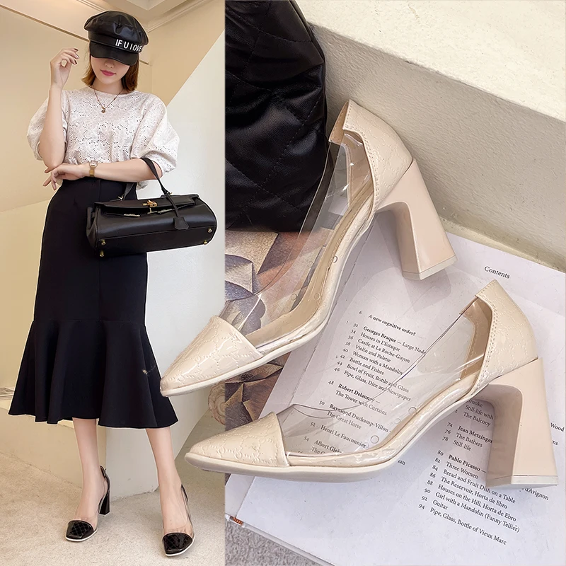 

2021 Summer New Women Shoes Pumps Sexy Pu Leather Transparent Heels Women Fashion Office Shoes Woman Comfort Casual High Heels