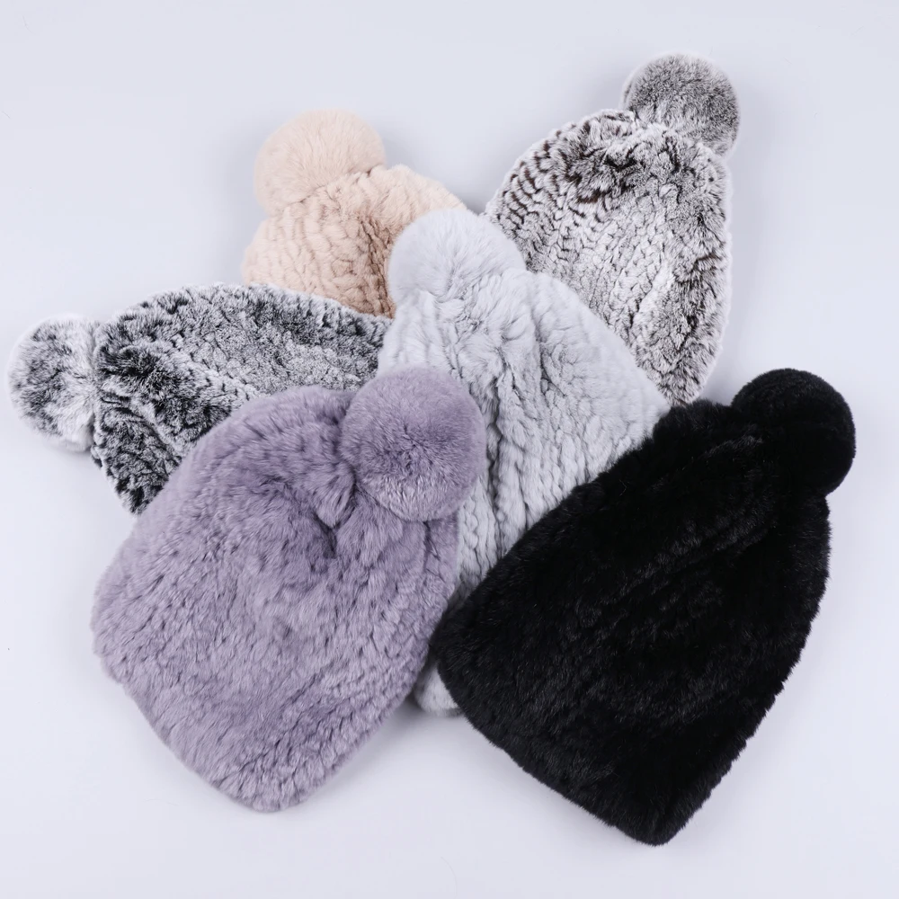 Шапка из натурального меха кролика рекс для девочек женская зимняя вязаная