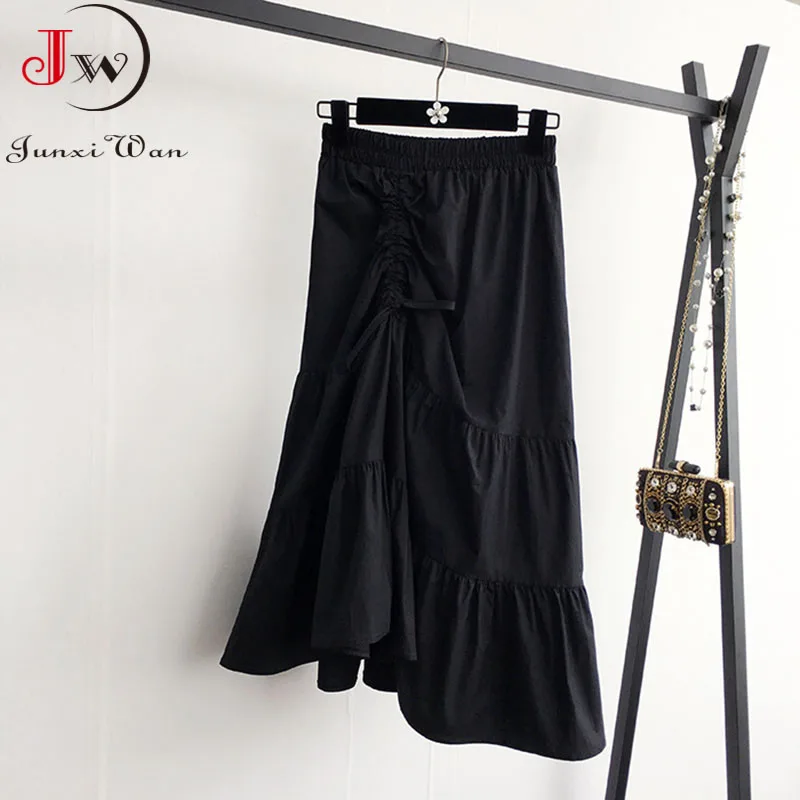 

2021 Fashoin Summer Long Cotton Skirt Women Korean Solid Black White Elastic Waist Bow Elegant Casual A Line Midi Pleated Skirt