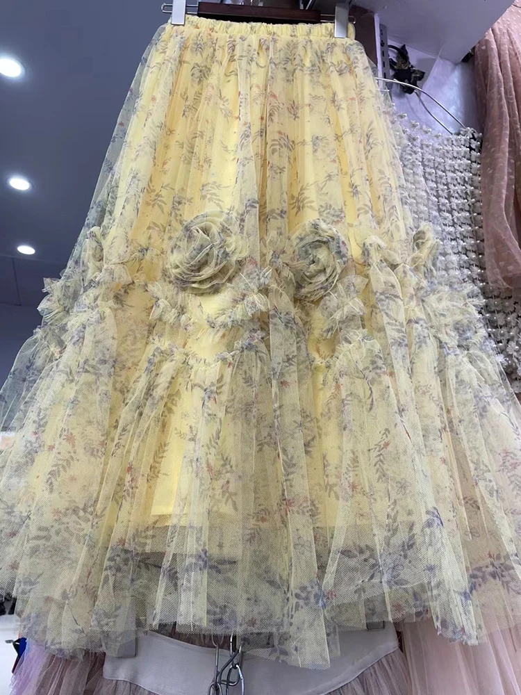 

Retro printing, heavy craftsmanship, applique, elastic waist, mesh skirt, women's summer new style, a-line, big hem, tutu skirt