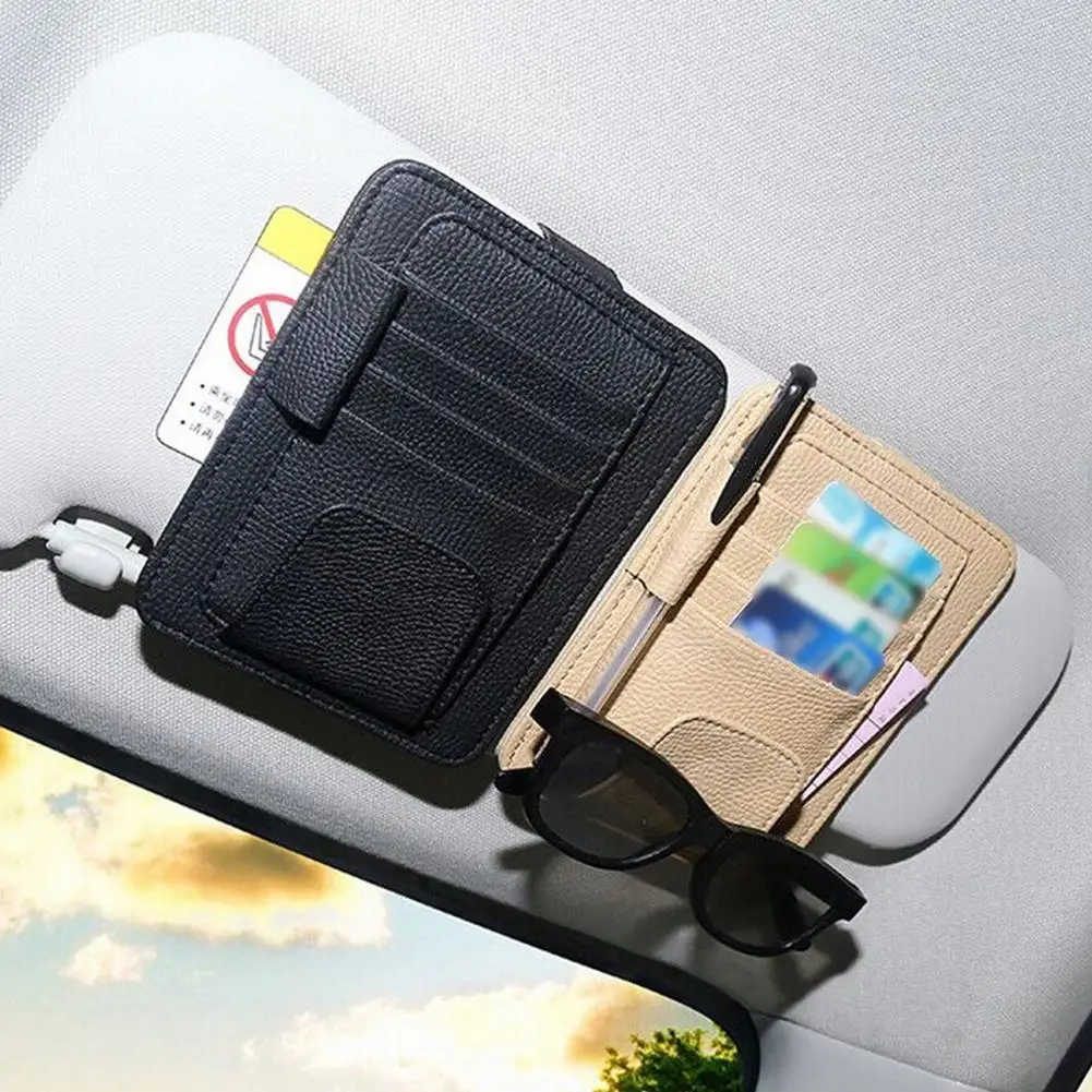 

1Pc Car Sun Visor Multifunctional Storage Bag Sunglasses Bag Car Colors Clip Leather 4 Card Credit Bag PU Storage Glasses U0R6
