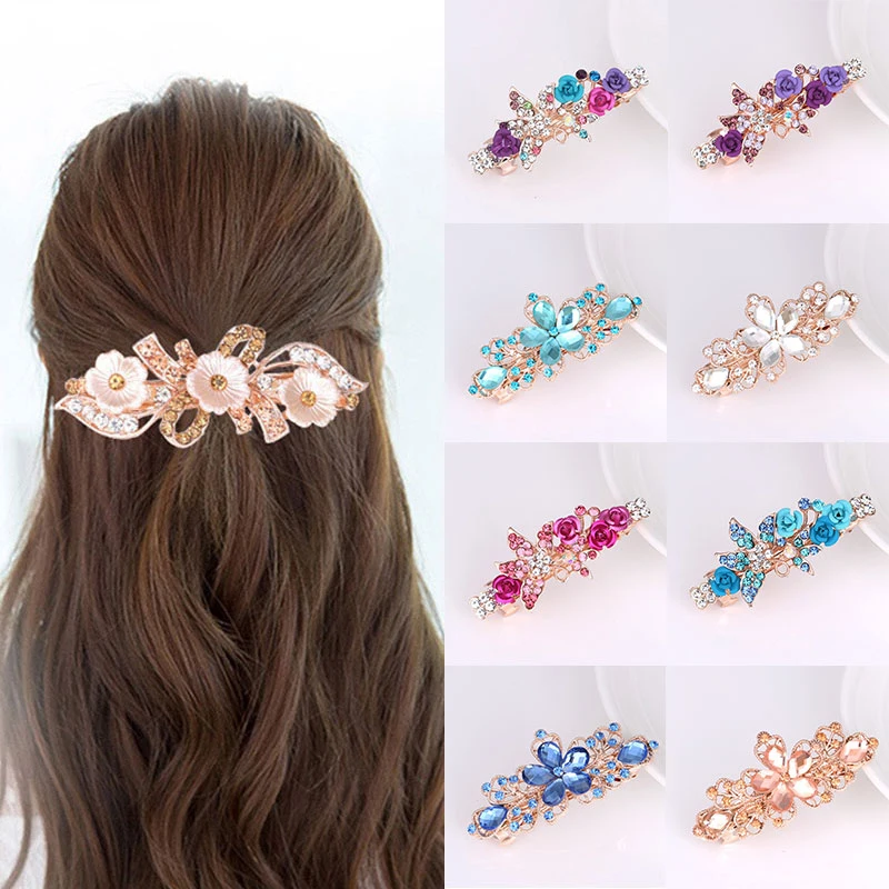 

Crystal Clip Color Flower Alloy Hairgrips Boutique Wild Hair Accessories Korean Style Sequin Rose Flower Hair Bows With Clips